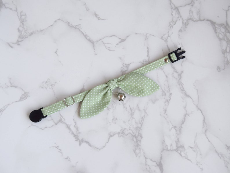 Light Green Polka Dot Bow Cat Collar with Removable Silver Bell Spring Cat and Kitten Collar with Breakaway Buckle image 7