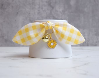 Yellow Plaid Cat Collar with Daisy Charm - Spring Yellow Gingham Cat Collar with Bow and Bell - Cute Pet Accessory