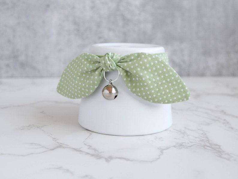 Light Green Polka Dot Bow Cat Collar with Removable Silver Bell Spring Cat and Kitten Collar with Breakaway Buckle image 3