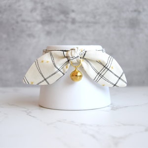 Cream and Black Plaid with Gold Star Breakaway Cat Collar with Bow - Kitten Collar with Bell - Fancy Cat Collar for Photo Shoots