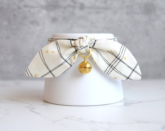 Cream and Black Plaid with Gold Star Breakaway Cat Collar with Bow - Kitten Collar with Bell - Fancy Cat Collar for Photo Shoots