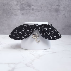 Black Moon Cat Collar with Cute Silver Moon Charm - Cat Collar with Detachable Bow and Bell - Witchy Gothic Cat Collar