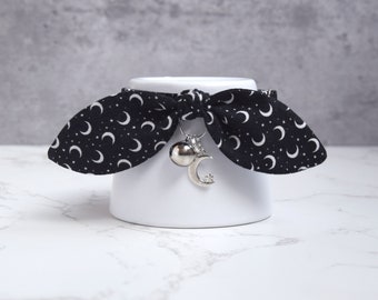 Black Moon Cat Collar with Cute Silver Moon Charm - Cat Collar with Detachable Bow and Bell - Witchy Gothic Cat Collar