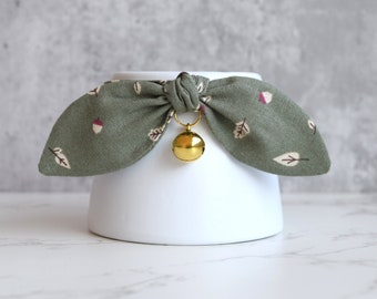 Moss Green Foliage Fall Cat Collar with Bow and Bell - Fancy Cat and Kitten Collar with Breakaway Buckle - Cute Cat Collar