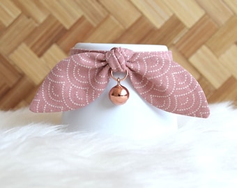 Mauve Pink Geometric Print Soft Cotton Cat Collar with Rose Gold Bell - Cat and Kitten Breakaway Collar with Bow