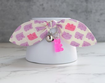 Pink Gummy Bear Charm Cute Cat Collar with Bow Tie and Silver Bell - Kawaii Candy Themed Purple Teddy Bear Print Breakaway Collar for Cats