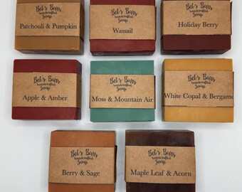 Fall Soaps. Wassail. Berry Sage. White Copal Bergamot. Patchouli Pumpkin. Holiday Berry. Apple Amber. Maple Leaf Acorn. Moss Mountain Air.