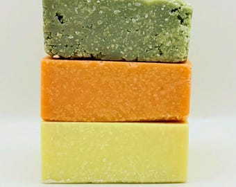 Salt Bar Soaps. Lemon Basil. Fresh Peach. Honeydew Melon.