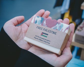 Free Palestine Soap. 100% of Proceeds Donated to PCRF. Olive Leaf and Lemon. Rose and Oud.