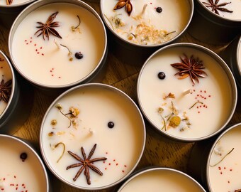 Fall and Winter Botanical Candles. 6oz Soy Wax Tins. Wassail. Heirloom Pumpkin.