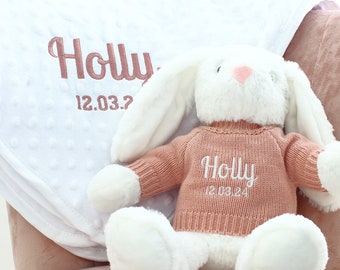 New baby girl gift, Embroidered blanket and bunny rabbit, Personalised Gift set