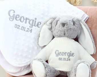 New baby gift, Embroidered blanket and bunny rabbit, New born Personalised Gift set