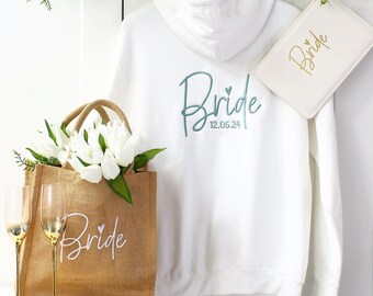 Embroidered Bride Gift set, Personalised zipped hoodie, with Bridal clutch and tote bag included, Wedding gift