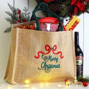 Large Christmas gift bag, Luxury embroidered Hamper style bag