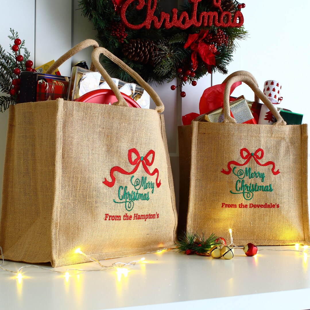 Large Christmas Gift Bag, Embroidered Personalised Hamper Style Bag