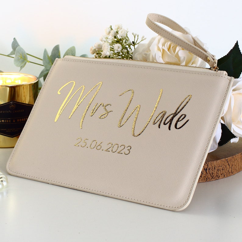 Personalised Mrs Clutch Bag Bride Purse Wedding day accessory Bridesmaid bag handbag pouch image 3