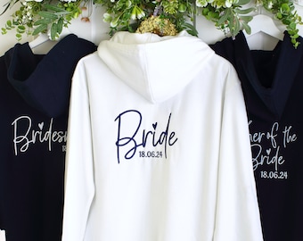 Embroidered Bridal zipped Hoodies, Personalised Bride zip up hoodie, Bridesmaid Hoodie gift