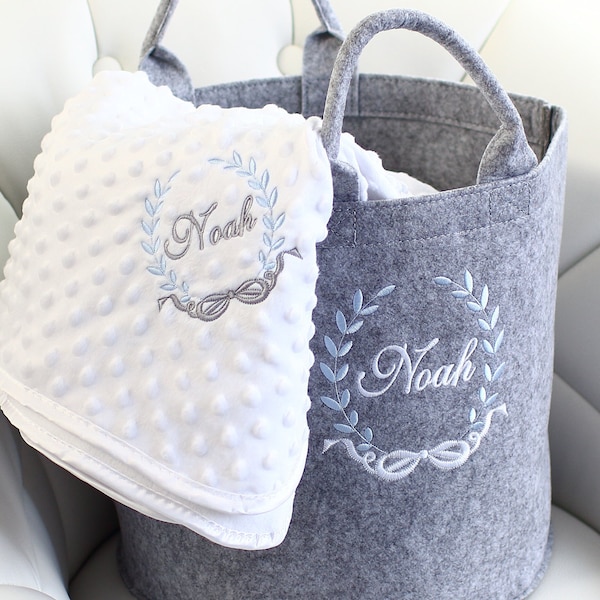 Personalised Baby Blanket, Nappy Caddy Baby boy or Girl, Luxury embroidered felt storage