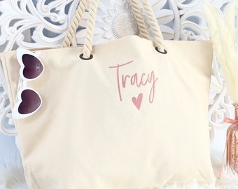 Embroidered Beach Bag, Travel Bag, Personalised canvas tote bag, Gift for her