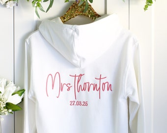 Embroidered Mrs zipped Hoodie, Personalised Bride zip up hoodie, Bride zipped hoodie