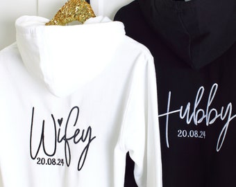 Luxury embroidered Wifey Hubby zipped Hoodies, Honeymoon outift, couples zip up hoodie