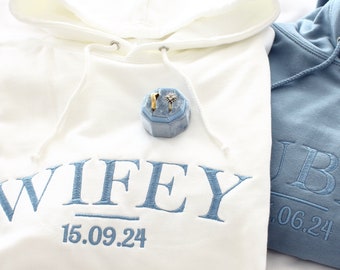 Embroidered Wifey, Hubby, Hoodies, Dusty Blue Wedding, Honeymoon outfit