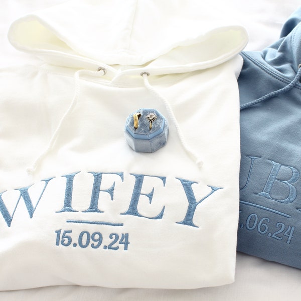 Embroidered Wifey, Hubby, Hoodies, Dusty Blue Wedding, Honeymoon outfit