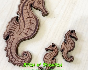 Laser Timber Seahorse set large for necklace small size for Earrings, holes included