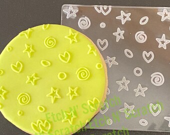 Confetti Hearts & Stars Cookie De Embosser, Acrylic Fondant Stamp Christmas #003