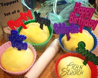 Cup Cake birthday Toppers small mixed colour set of 6 toppers