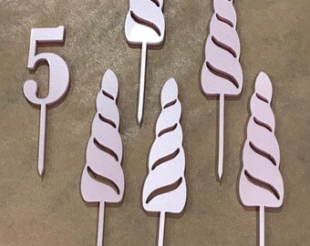 Cup Cake birthday Toppers one number and 5 unicorn horns  for Cupcakes