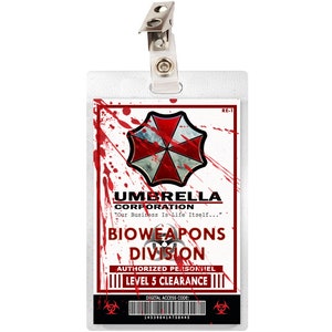 Resident Evil Bloody Umbrella Corporation Bioweapons Division ID Badge Card Cosplay Costume Name Tag Prop Laminate Halloween