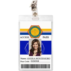 May include: A white plastic ID card with a blue and yellow design. The card has a photo of a woman with brown hair and a blue shirt. The text on the card reads "ACCESS PASS" and "Name: ANGELA MONTENEGRO" and "Pass Code: Q25EXR".