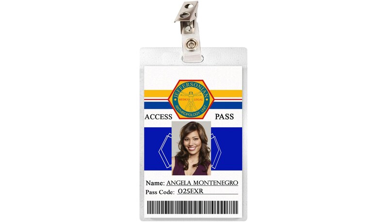 May include: A white plastic ID card with a blue and yellow design. The card has a photo of a woman with brown hair and a blue shirt. The text on the card reads "ACCESS PASS" and "Name: ANGELA MONTENEGRO" and "Pass Code: Q25EXR".