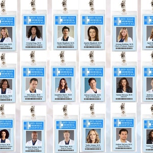 May include: A set of 18 Grey Sloan Memorial Hospital ID badges featuring different characters from the TV show Grey's Anatomy. Each badge has a photo of a character, their name, and their job title.