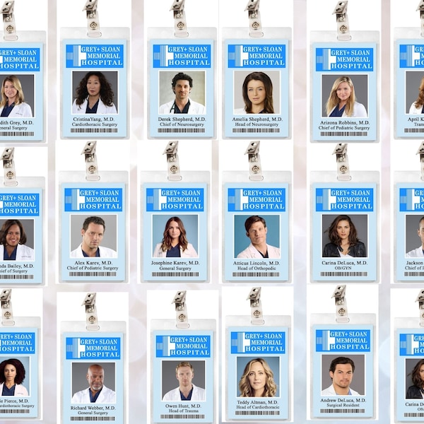 Grey's Anatomy Grey Sloan Memorial ID Badge: Meredith, Derek, Cristina, Arizona, Jo, Bailey, Amelia, Owen, Maggie, Callie, April Laminate