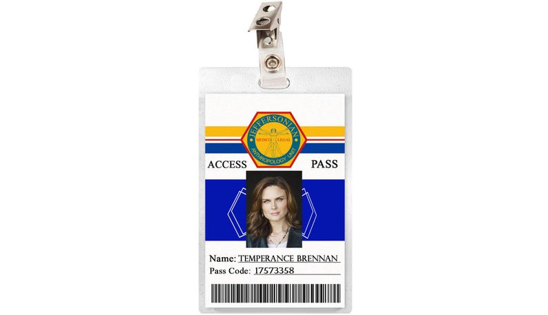 May include: A white plastic ID card with a blue and yellow design. The card has the text "Jeffersonian" in a circle with a skeleton inside. The card also has the text "Access Pass" and a photo of a woman with brown hair. The text "Name: Temperance Brennan" and "Pass Code: 17573358" is printed on the card.