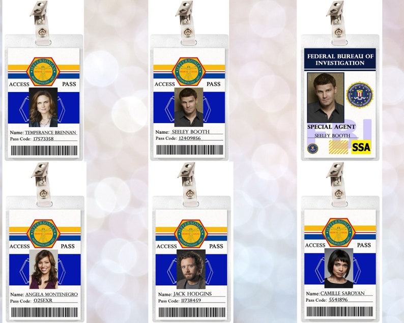 May include: Six printable ID badges featuring characters from the TV show Bones. Each badge has a blue background with a white border and features a photo of a character, their name, and a pass code. The badges are designed to look like official government ID cards.