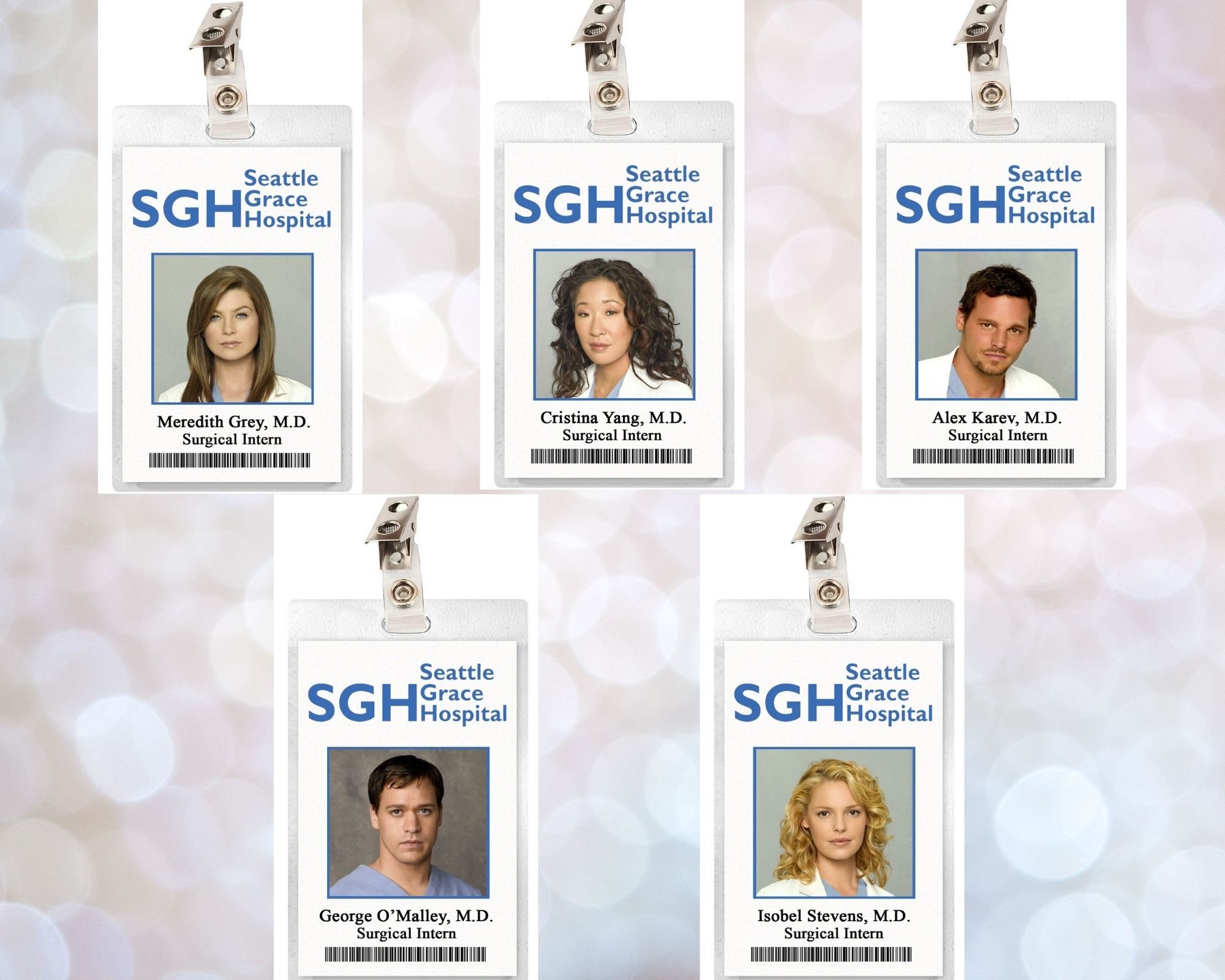 Grey's Anatomy INTERN ID Badge Meredith Grey, Cristina Yang, Alex Karev,  Izzie Stevens, George O'malley Seattle Grace Hospital Laminate 