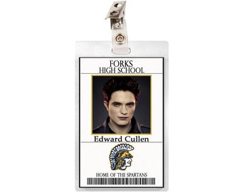 Twilight ID Badges: Edward, Bella, Jacob, Alice, Jasper, Emmett, Rosalie, Forks Student ID Laminate Vampire Werewolf Cosplay Halloween
