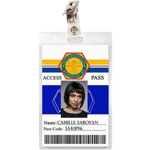 May include: A white plastic ID card with a blue and yellow background. The card has a logo for the Jeffersonian Institute, a photo of a woman, and the text "ACCESS PASS". The card also includes the name "CAMILLE SAROYAN" and the pass code "5541896".