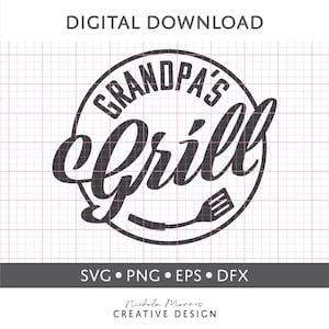 May include: Black and white design of a circle with the text "Grandpa's Grill" inside. A spatula is shown below the text. The design is on a white grid background.