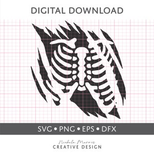 May include: Black and white digital download of a ribcage skeleton with a ripped, torn, or shredded effect.  The design is perfect for crafting projects, such as t-shirts, mugs, and stickers.