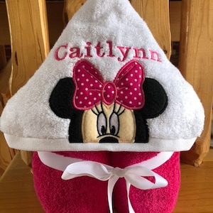 Miss Mouse look-a-like hooded towel  - Embroidering option. Pink towel and bow