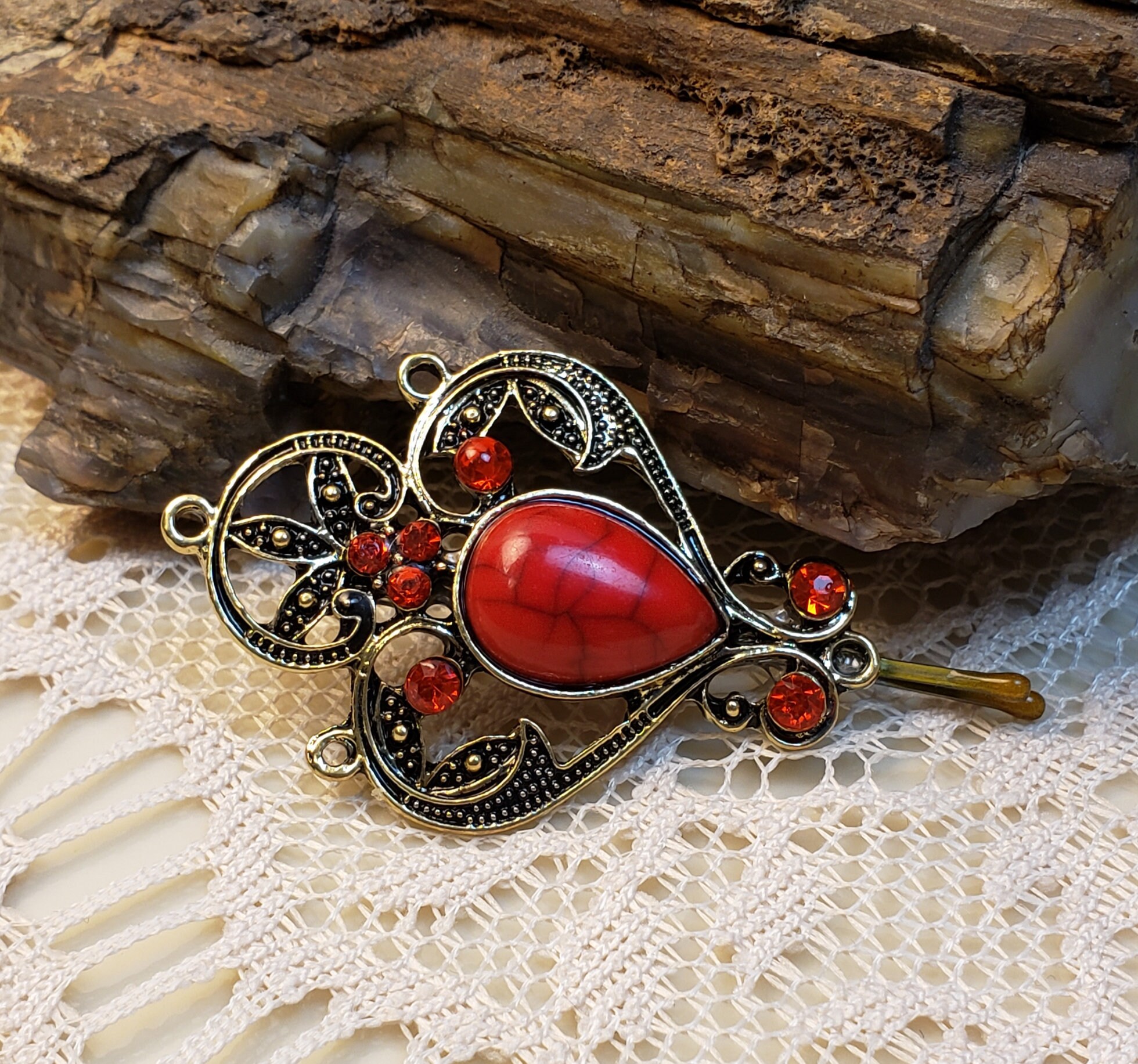 Red Vintage Style Tichel And Hair Pin Decorative Bobby Pin