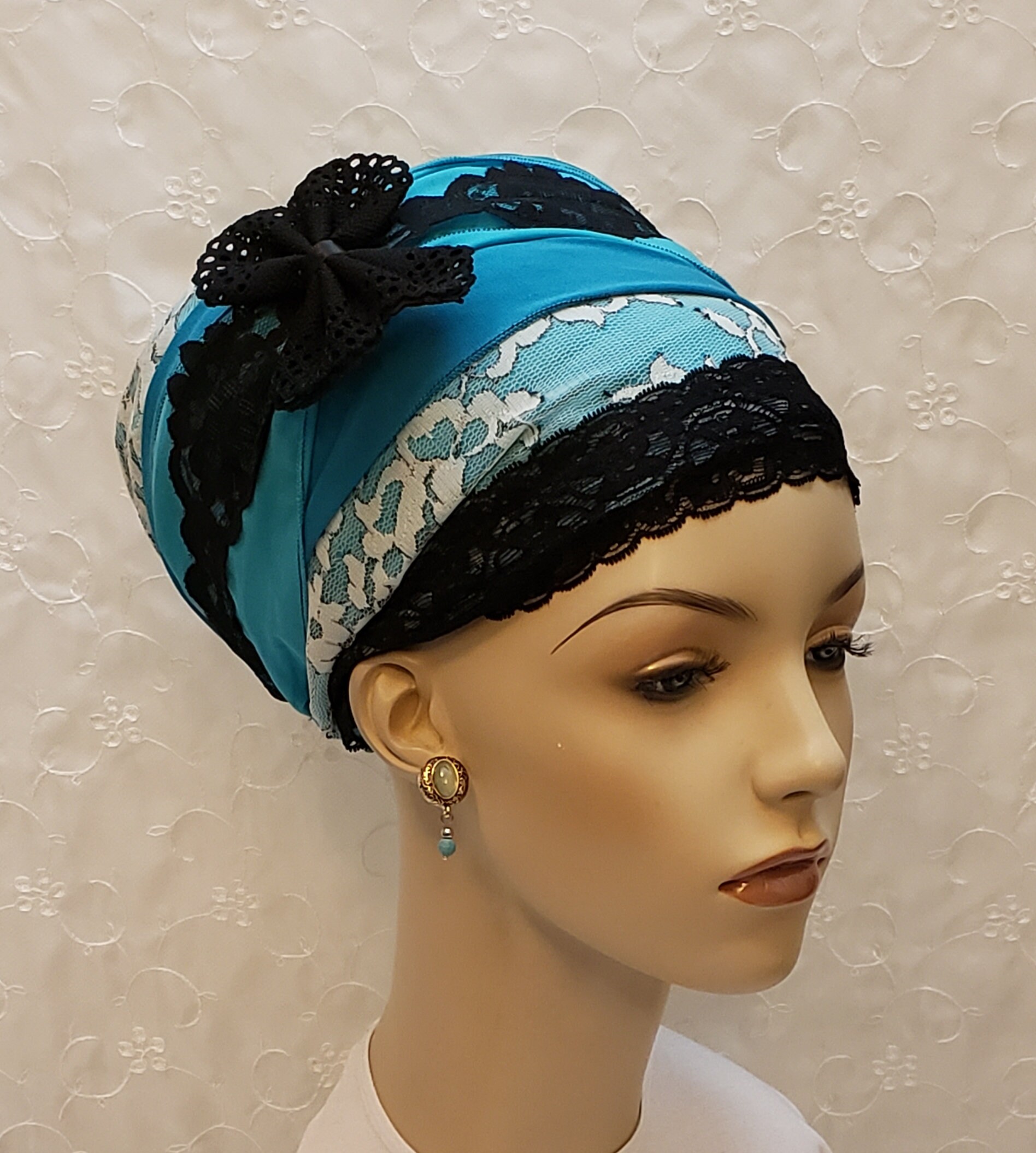 Blue Teal N Lace Sinar Tichel Jewish Hair Covering Accessories Hair