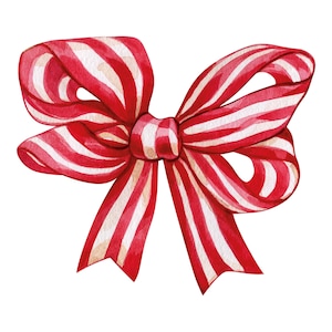 Puede incluir: Ilustración en acuarela de un lazo a rayas rojas y blancas. El lazo está atado en el centro con dos bucles a cada lado y dos colas largas. El lazo está pintado con un efecto de acuarela.