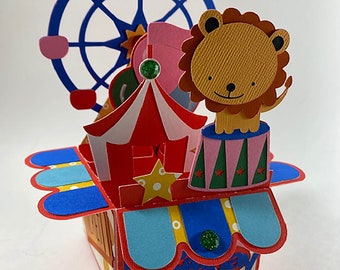 big top,stage,fun,childrens card,circus,band,elephant,bunting,colourful,Laser cut card,pop out card,3d gift card,3d,gift card