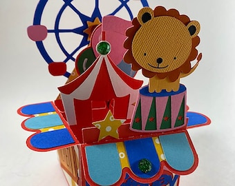 big top,stage,fun,childrens card,circus,band,elephant,bunting,colourful,Laser cut card,pop out card,3d gift card,3d,gift card