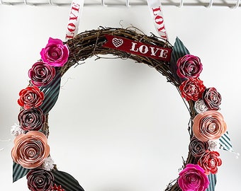 Valentine Day Decor/Gift - Handmade Paper Flower Vine Wreath - with Red and Pink Rose Rolled Flowers